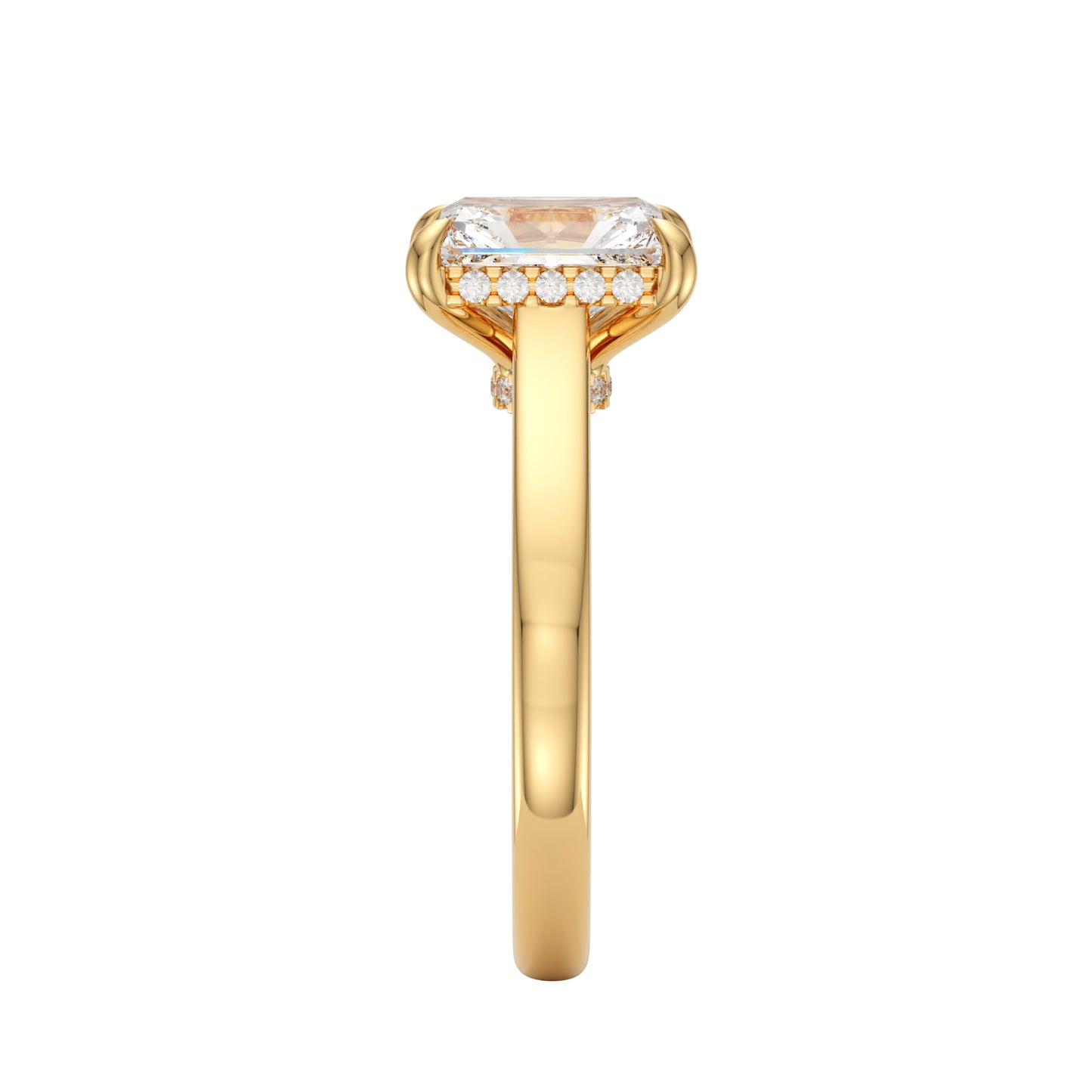 Timeless yellow gold radiant solitaire ring setting with secure prongs.