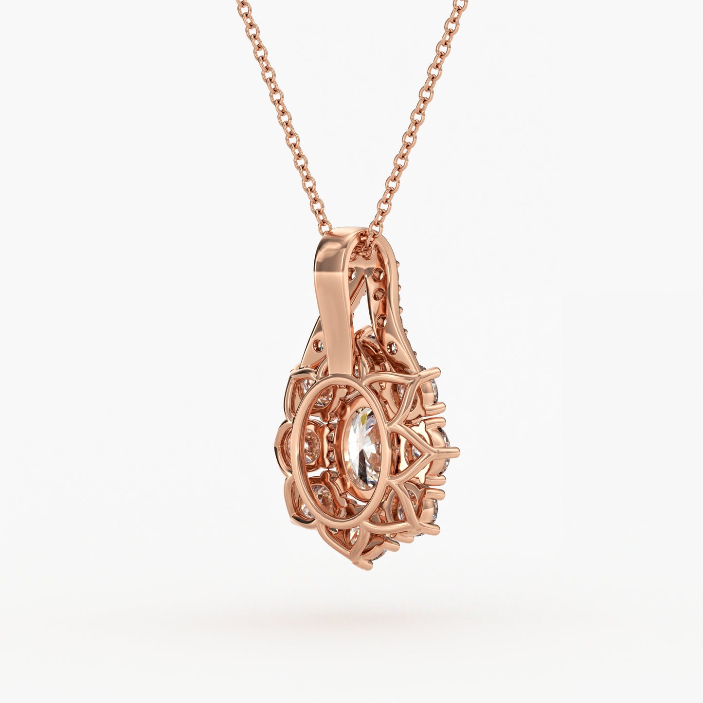 Rose gold necklace with a diamond pendant on a white background