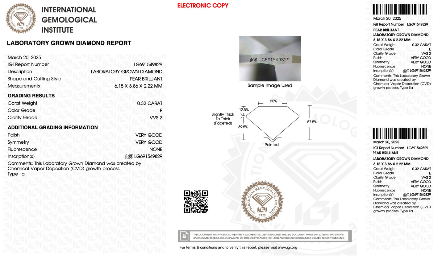 Laboratory grown diamond report with diamond image and certification details.