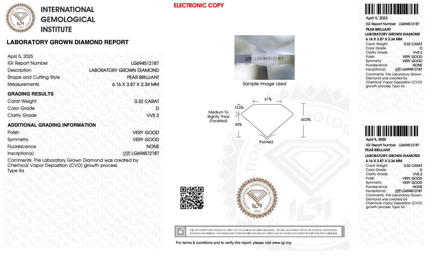 Pear cut laboratory grown diamond report with diamond image and certification details.