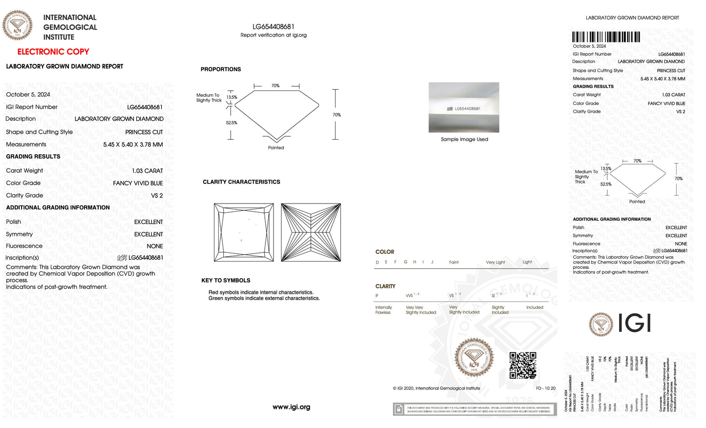 blue diamond certification report with detailed specifications
