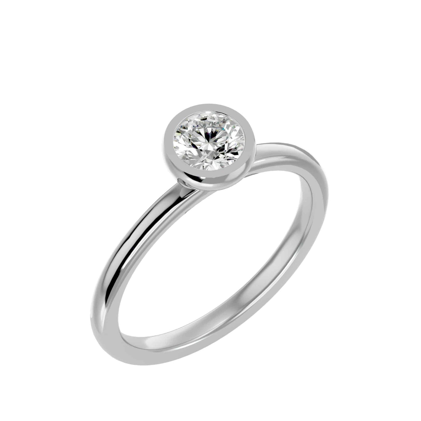 Platinum solitaire engagement ring with bezel-set diamond, modern and classic