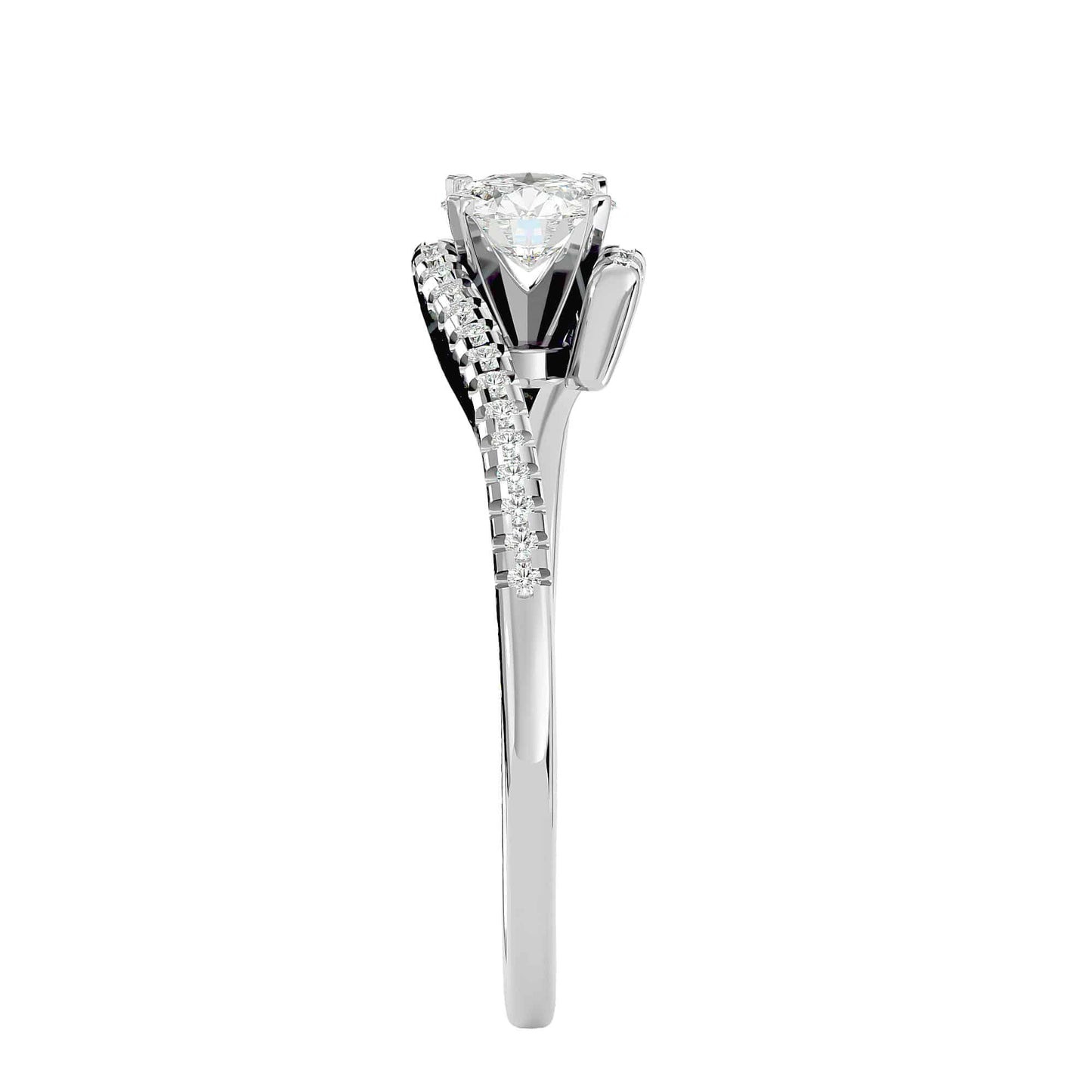 Twisted solitaire engagement ring with pave-set diamonds, ideal for proposals and weddings