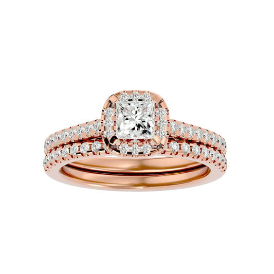 Rose gold princess cut halo ring with elegant matching band.