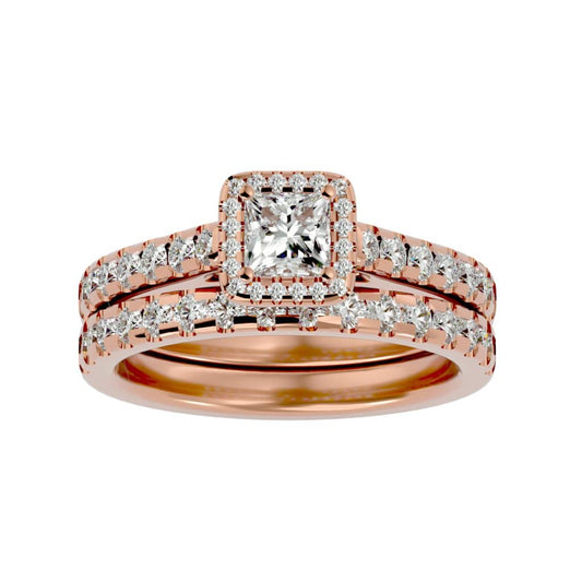 Chic rose gold princess cut halo ring with elegant band set.