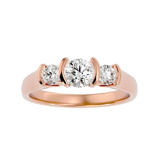 Three-stone engagement ring with bar-set diamonds in rose gold