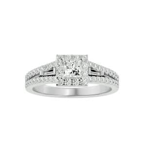 rx princess diamond tapered baguette halo engagement ring setting with 18k rose gold metal and cushion shape diamond