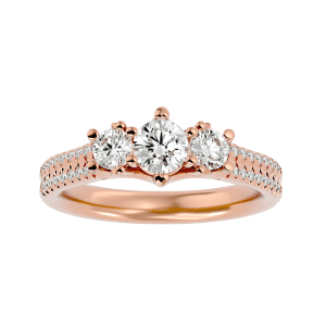 double band engagement ring three stone setting with 18k rose gold metal and round shape diamond