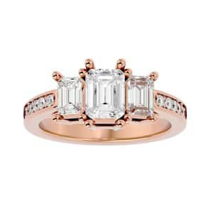 emerald shape 3 stone engagement ring channel set band with 18k rose gold metal and emerald shape diamond