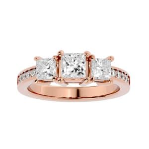 princess cut three stone engagement ring thick diamond band with 18k rose gold metal and princess shape diamond
