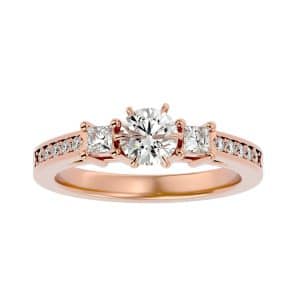 three stone engagement ring princess cut side stones with 18k rose gold metal and round shape diamond