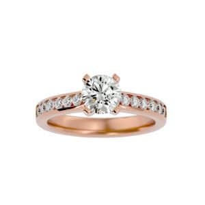 four prongs solitaire ring thick band channel set diamonds with 18k rose gold metal and round shape diamond