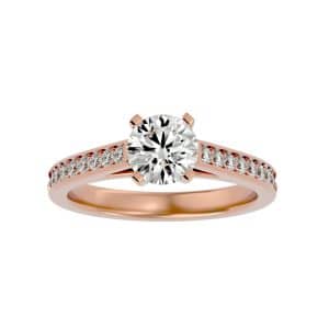 high cathedral solitaire engagement ring pinpoint setting with 18k rose gold metal and round shape diamond