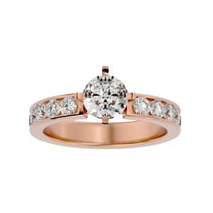 thick band engagement ring channel-set diamonds with 18k rose gold metal and round shape diamond