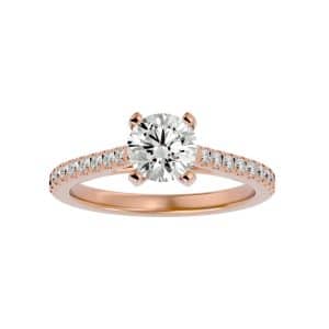 solitaire diamond simple engagement ring pave setting with 18k rose gold metal and round shape diamond