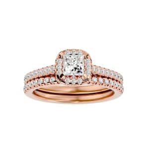 princess cut halo engagement ring with matching wedding band with 18k rose gold metal and princess shape diamond