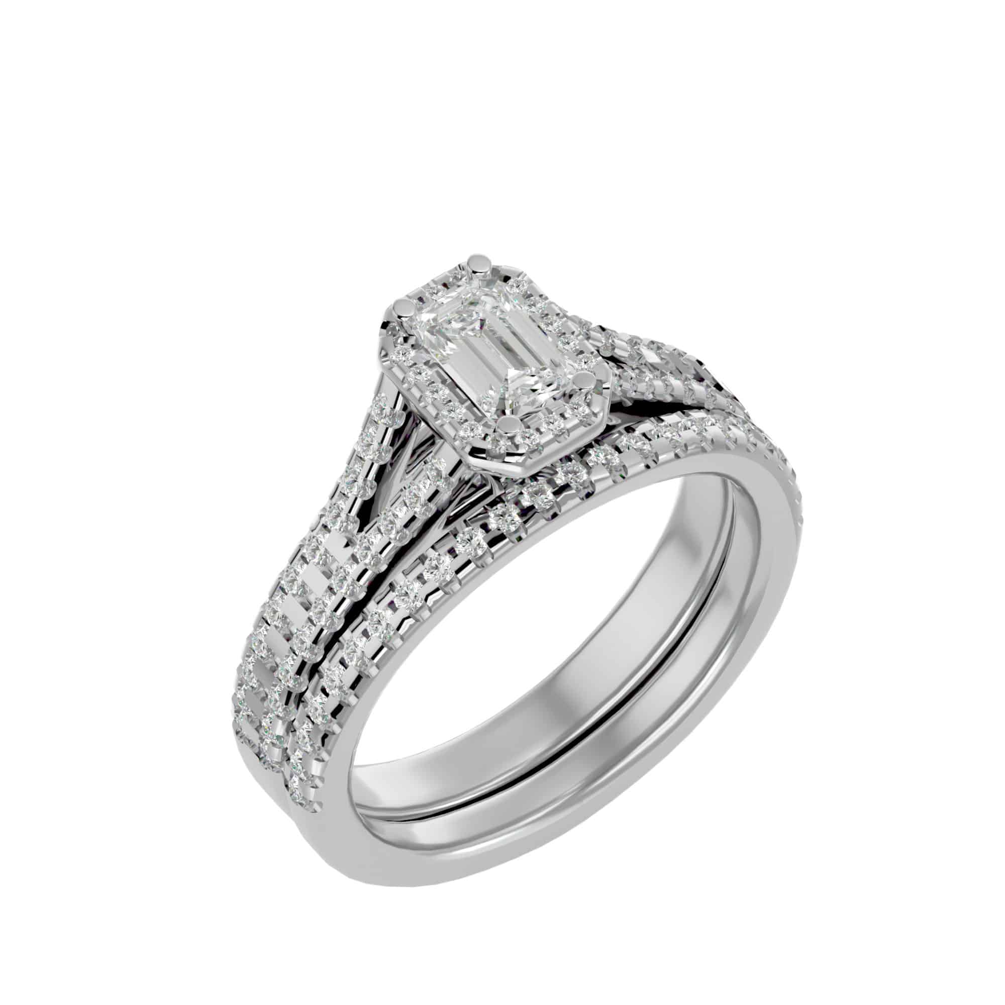 Emerald Shape Halo Engagement Ring With Matching Wedding Band