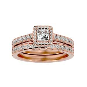 princess cut halo diamond ring with matching wedding band with 18k rose gold metal and princess shape diamond