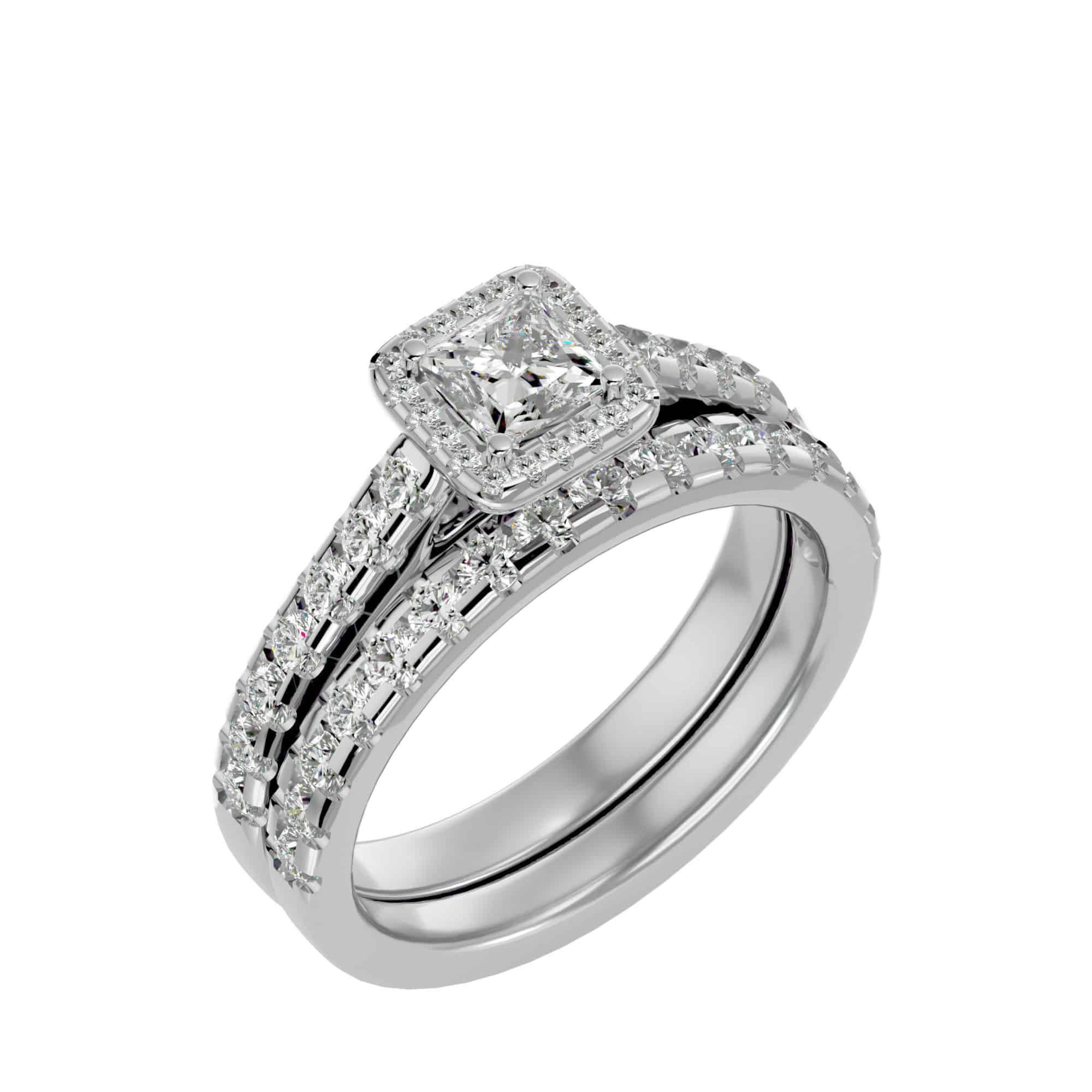 Princess Cut Halo Diamond Ring With Matching Wedding Band