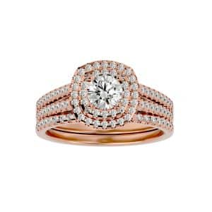 open shank halo engagement ring with matching wedding band with 18k rose gold metal and round shape diamond