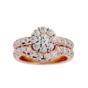 cluster halo ring with matching diamond band with 18k rose gold metal and round shape diamond