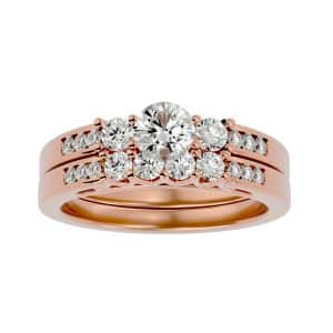 three stone diamond ring with matching wedding band with 18k rose gold metal and round shape diamond