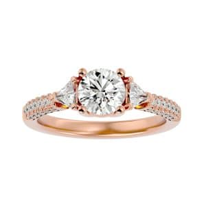 trillion diamond engagement ring three stone setting with 18k rose gold metal and round shape diamond