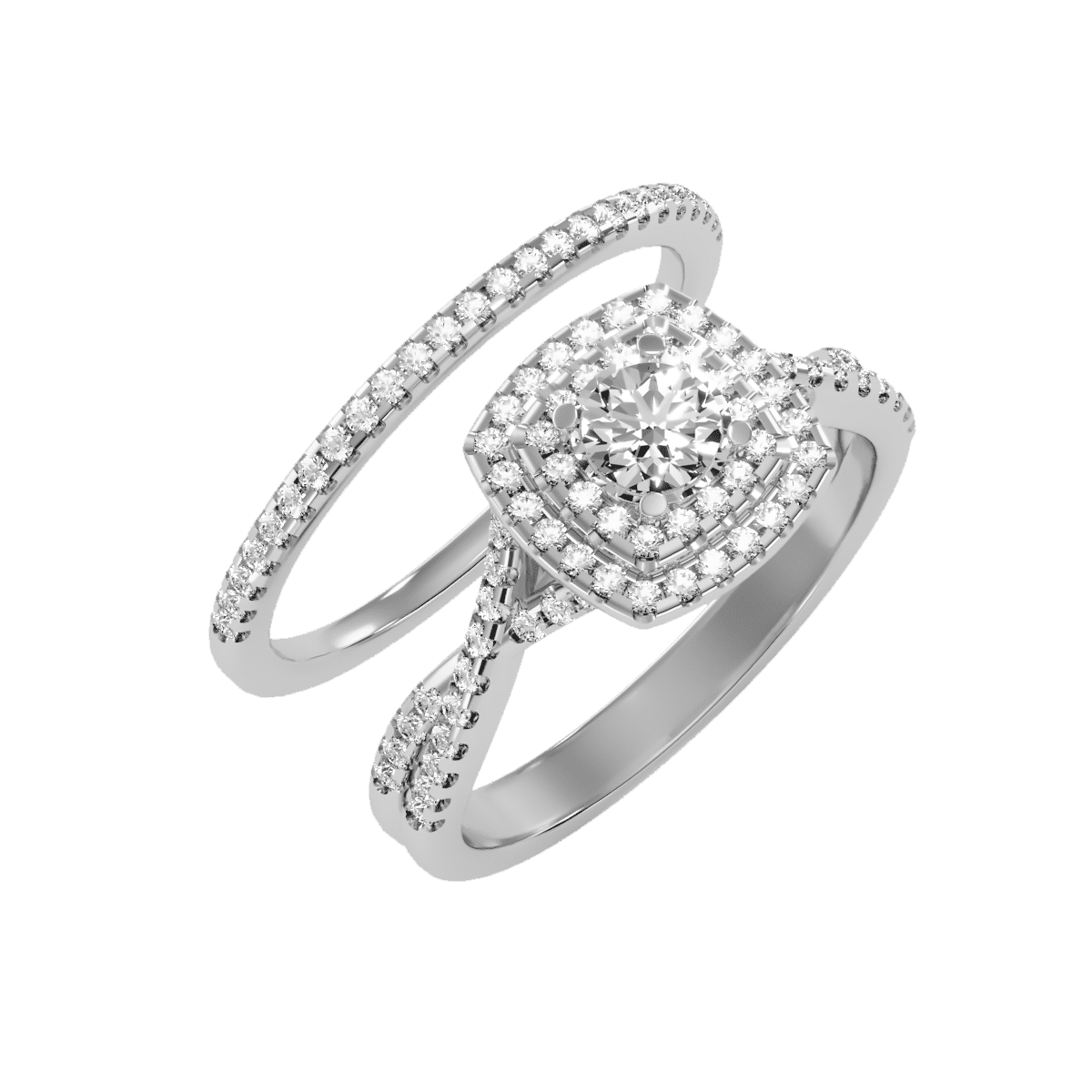 Double Square Halo Engagement Ring With Dainty Wedding Band