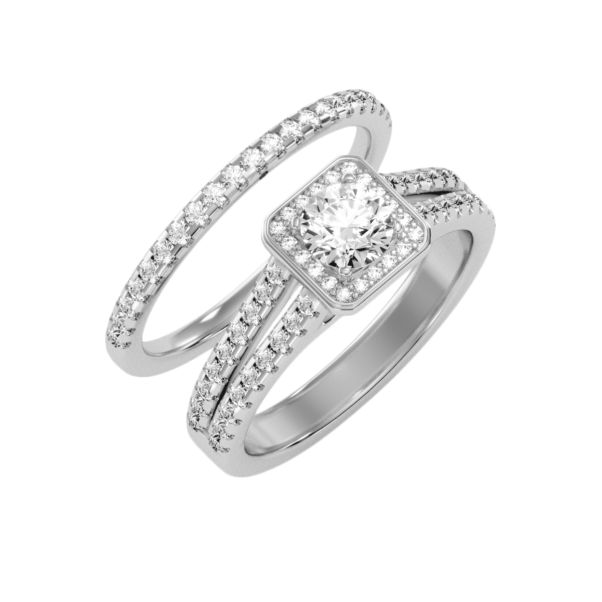 Split Shank Square Halo Ring With Matching Wedding Band