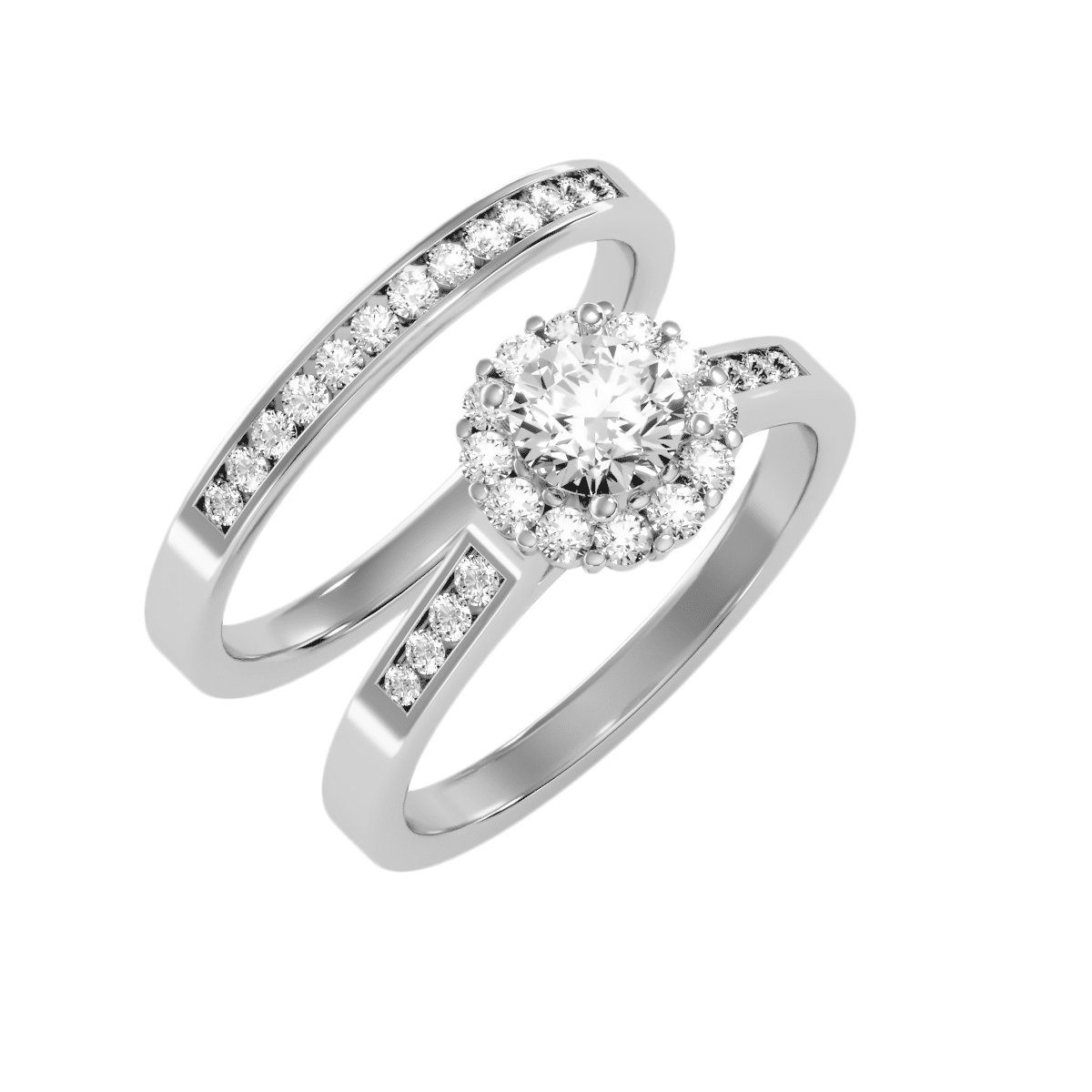 Flower Halo Channel-Set Ring With Matching Wedding Band
