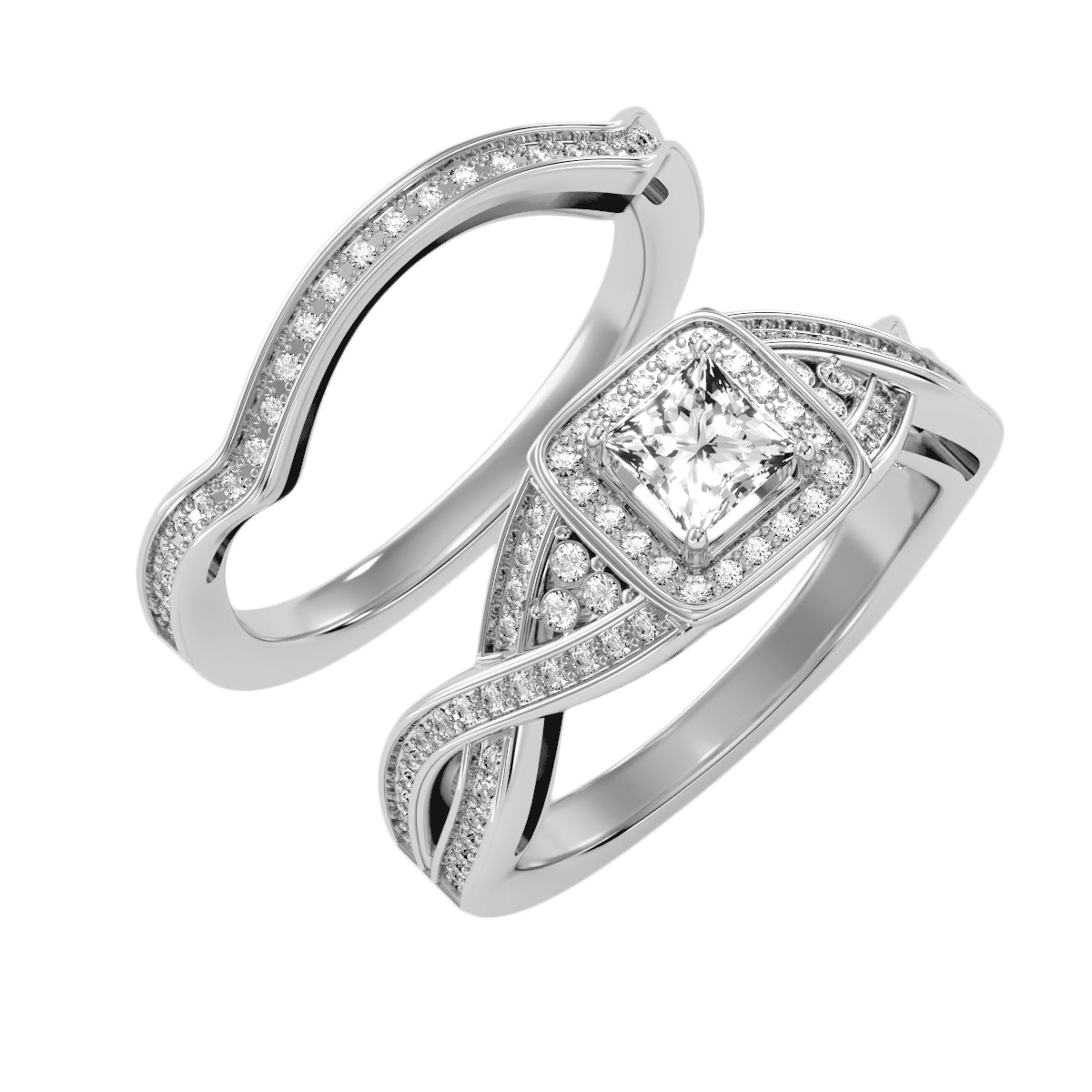 Princess Cut Cross-Shank Halo Engagement Ring With Matching Wedding Band