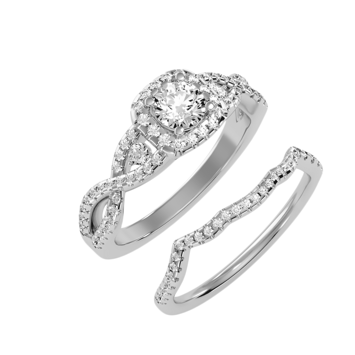 Twisted Band Halo Engagement Ring in Matching Wedding Ring Set