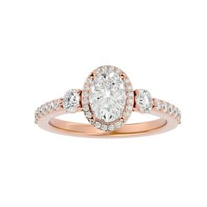 oval shape halo engagement ring trilogy setting with 18k rose gold metal and oval shape diamond
