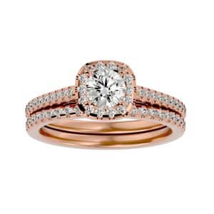 square halo ring with matching wedding band with 18k rose gold metal and round shape diamond