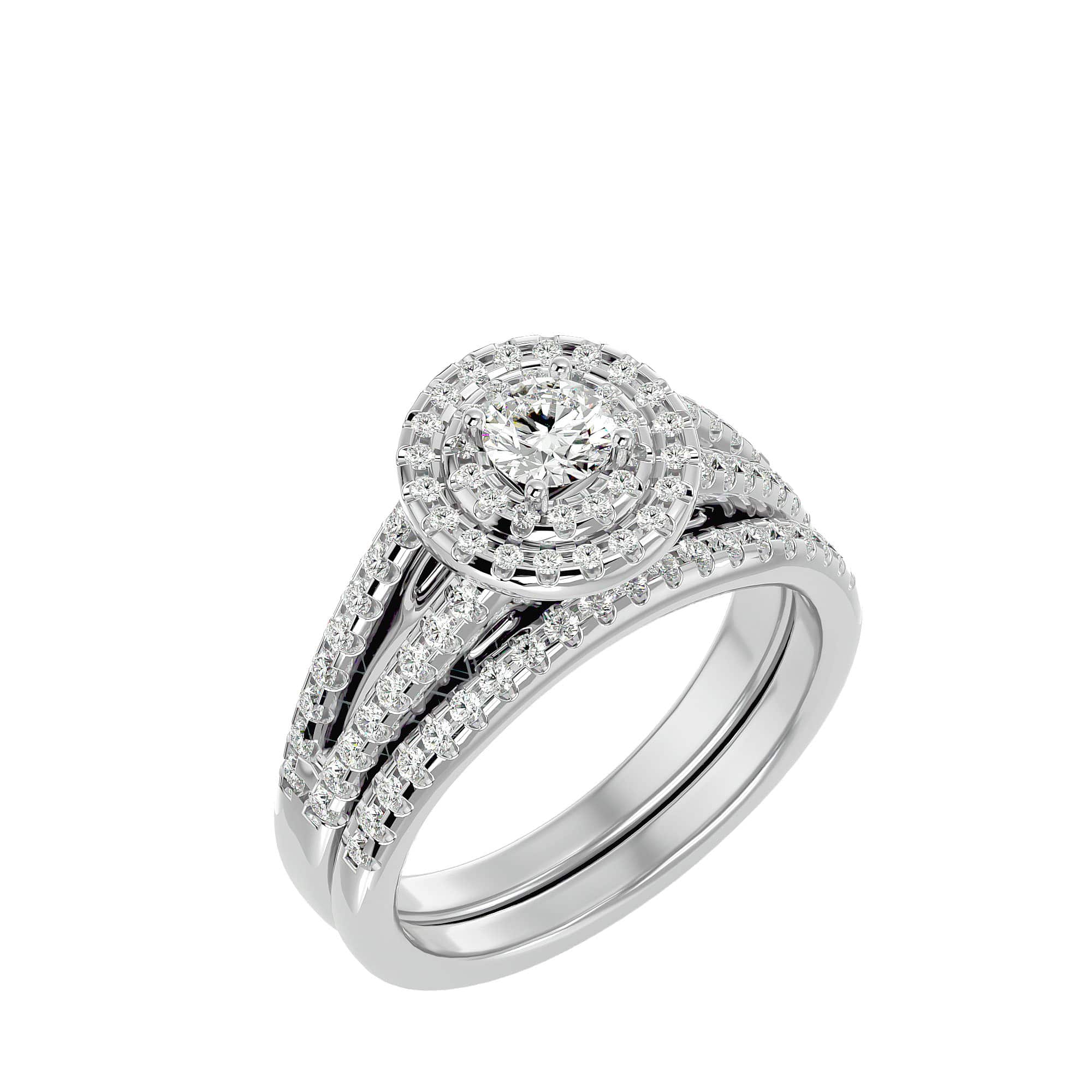Double Halo Split-Shank Engagement Ring with Matching Wedding Band Set